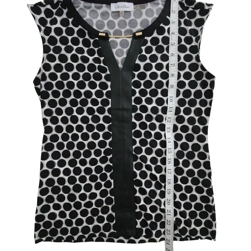 Calvin Klein Polka Dot Sleeveless Blouse Faux Leather Trim Size XS - Picture 6 of 9